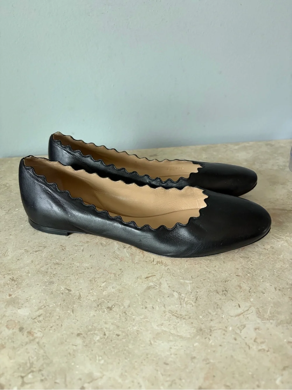 Chloé Lauren Scalloped Ballet Flat Chloe Black Leather Size 39 US 8.5 Designer